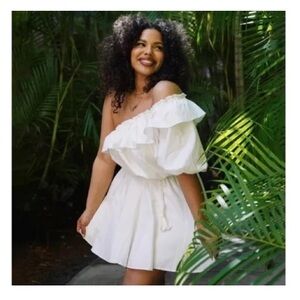 RHODE White Cotton One-Shoulder Ruffle Mini Dress Rope Belt L